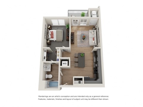 Floor plan for 1 bed, 1 bath, 684 sqft